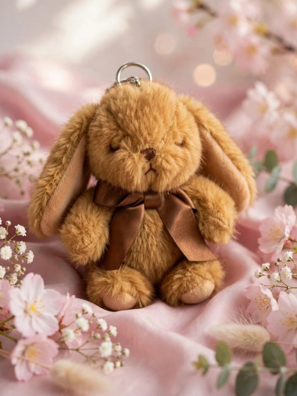 Brown Fluffy Bunny Plush Bag Charm Keychain Ribbon Bow Kawaii Brand New